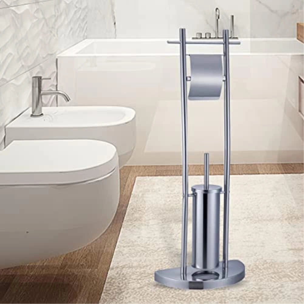 Piantana da Bagno Stilizata Porta rotolo Porta scopino Acciaio Cromo Salvaspazio