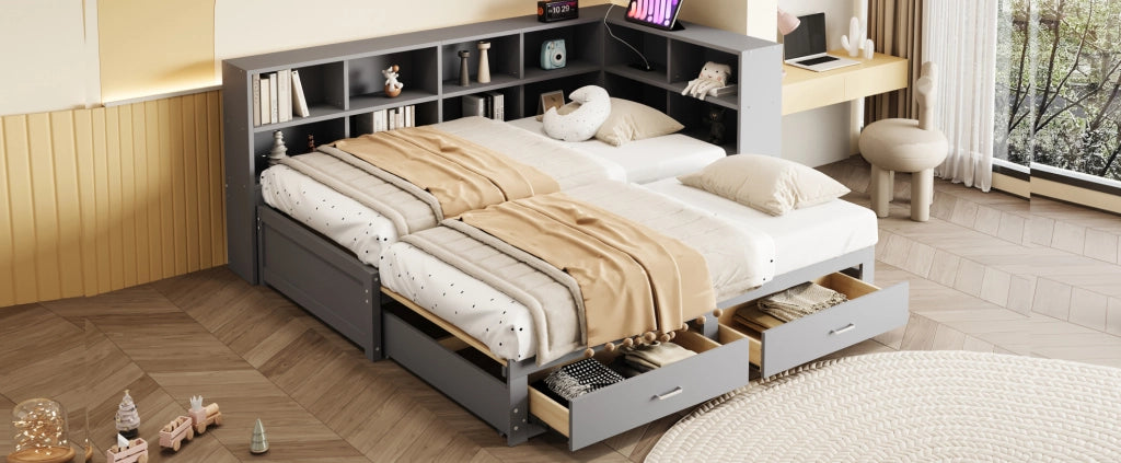 Letto estraibile in legno massiccio 90/180 x 190 cm con spazio contenitivo, presa elettrica multifunzione e cassetti, colore grigio