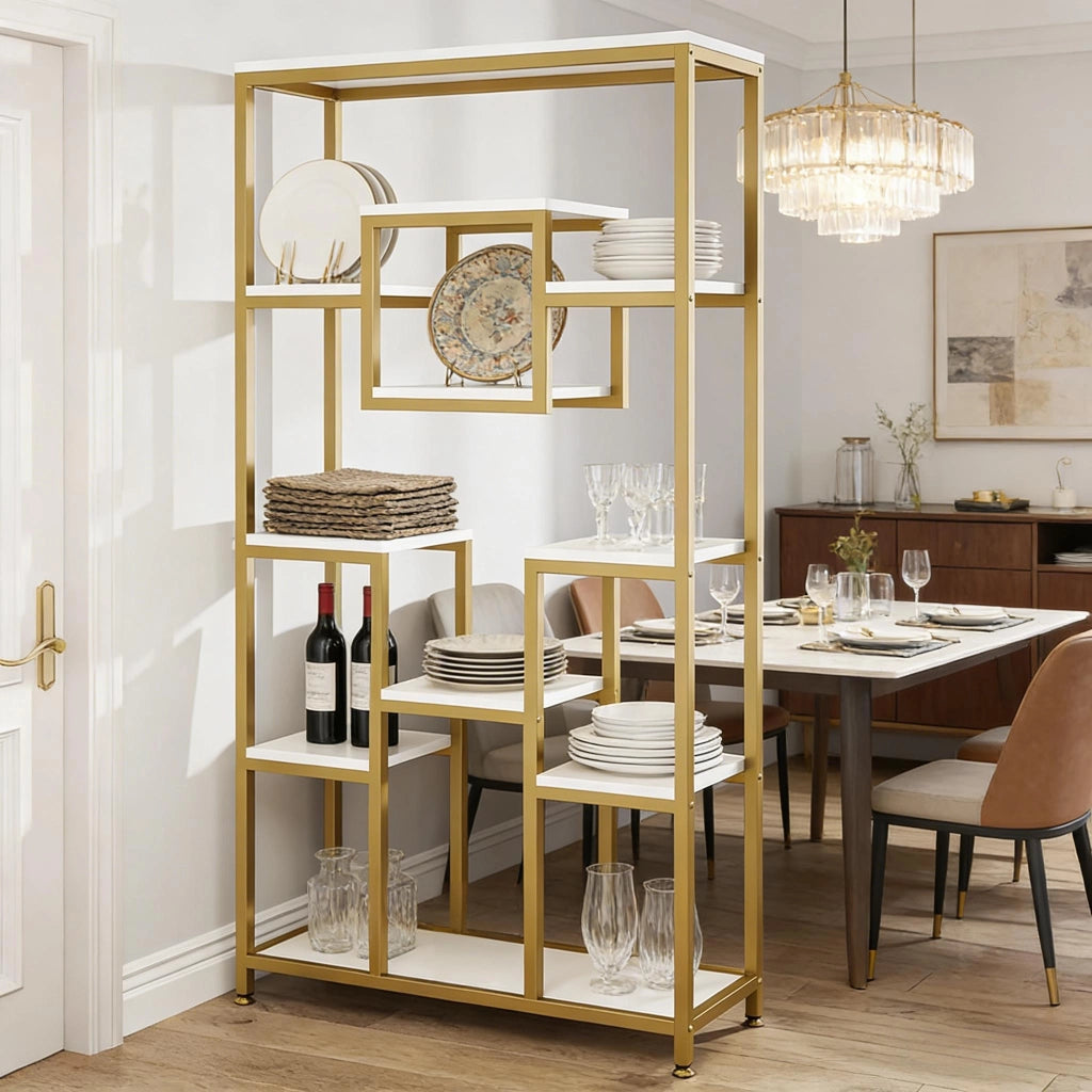 LIBRERIA Geometrica 11 ripiani aperti in metallo e legno oro e bianco