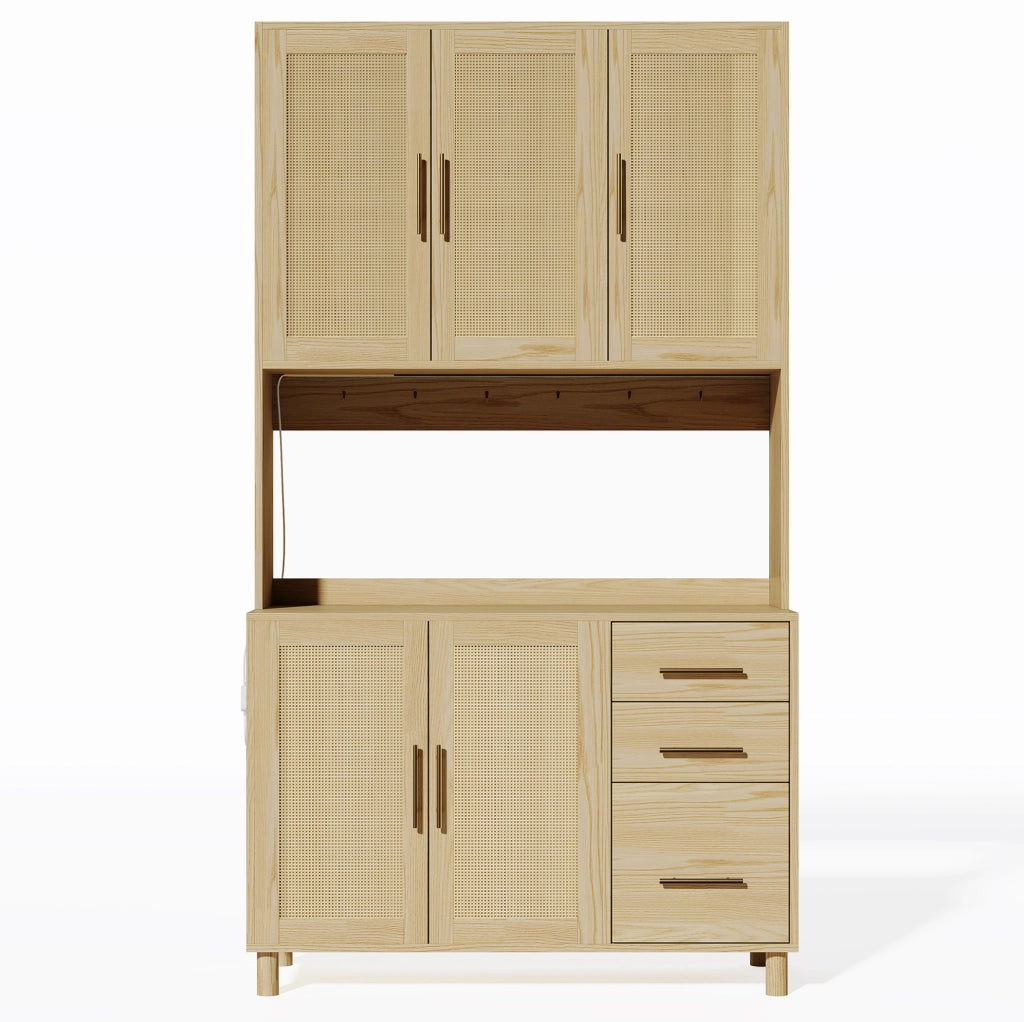 Credenza da cucina in MDF con LED multicolore; 2 prese; USB; 3 cassetti e ripiani regolabili; naturale
