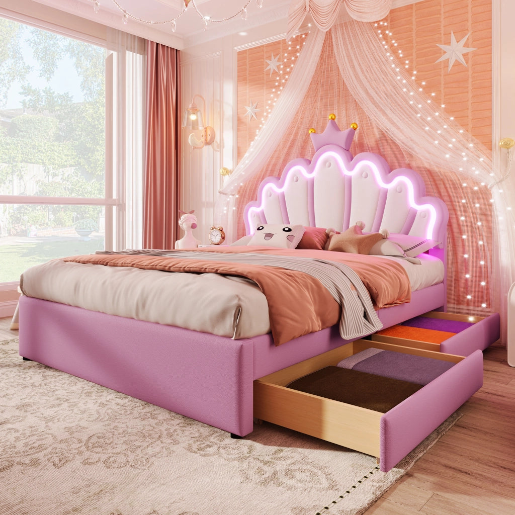 Letto principessa 140 x 200 cm in PU, luce ambiente con telecomando, 2 cassetti, testiera regolabile, senza materasso - Rosa