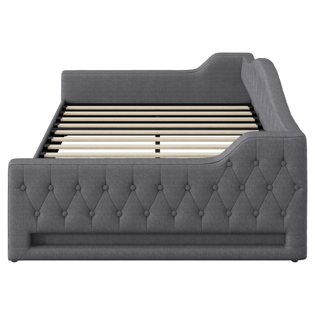 Letto imbottito una piazza e mezza 140×200 cm con contenitore e LED regolabile, senza materasso, lino, grigio