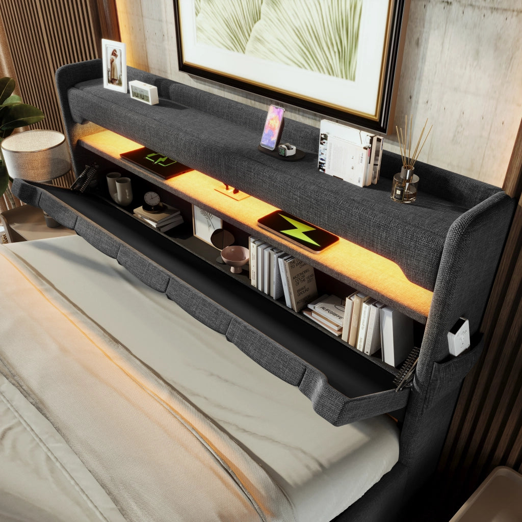 Letto matrimoniale imbottito 140x200 cm con contenitore e LED