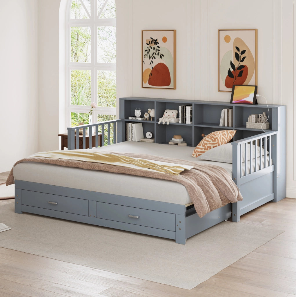 Divano letto estraibile multifunzionale 90/190 cm in legno grigio con 2 cassetti