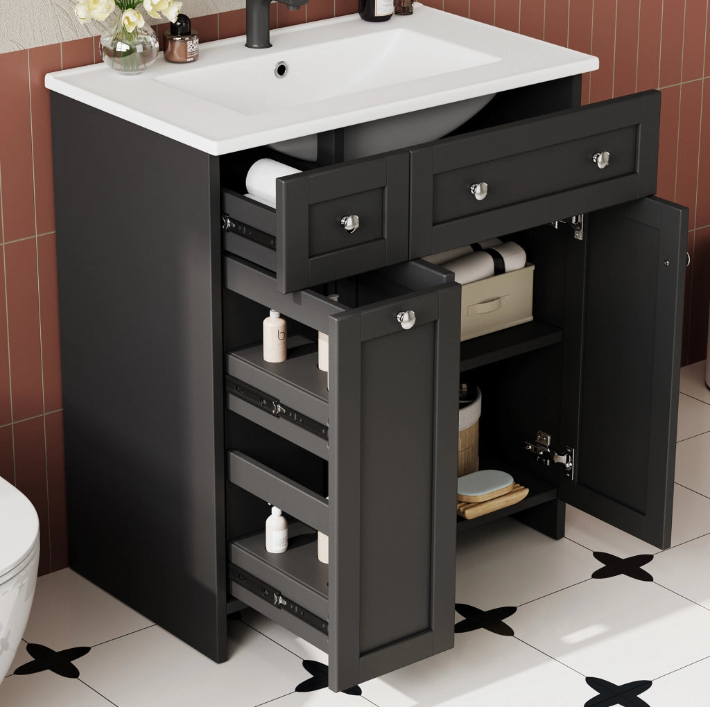 Mobile bagno nero 76x47x86 cm con lavabo in ceramica a tenuta, 3 cassetti e 1 anta con chiusura ammortizzata