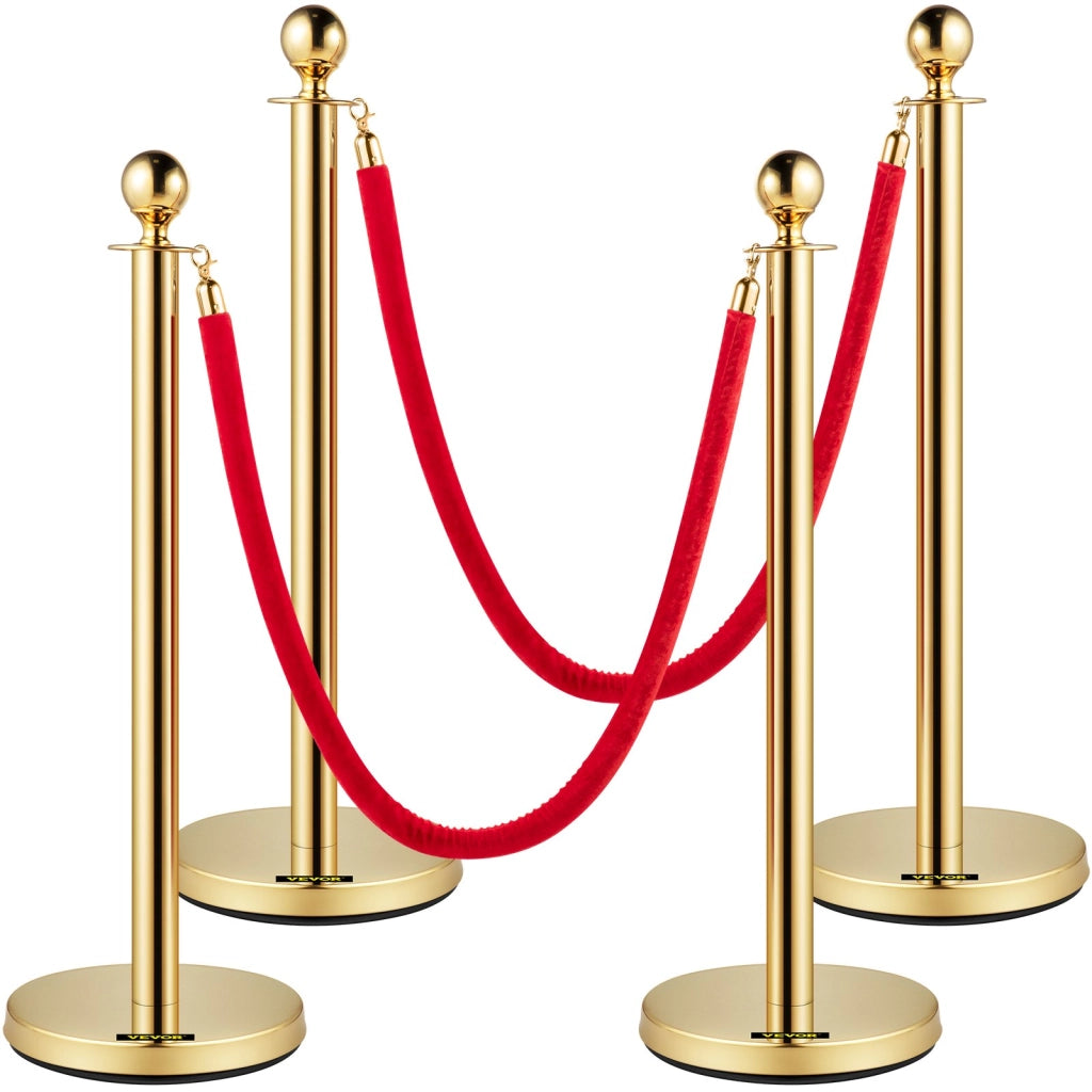 Set da 4 Colonnette di Delimitazione in Acciaio Inox Dorato con Corda Rossa da 1,5 m, Pali Barriera Controllo Folla Robusti Facili da Montare