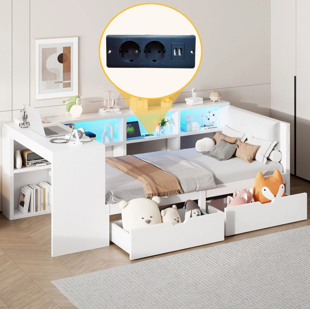 Letto a piattaforma in legno 90x200 cm con cassetti, spazio portaoggetti, stazione di ricarica e testiera imbottita, bianco con luci LED colorate