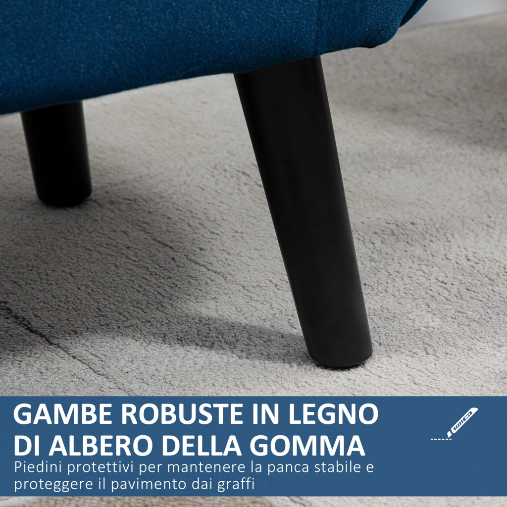 Panca Contenitore Imbottita in Tessuto Vellutato Blu con Braccioli e Gambe in Legno, 118x42x66cm, per Fondo Letto Casa