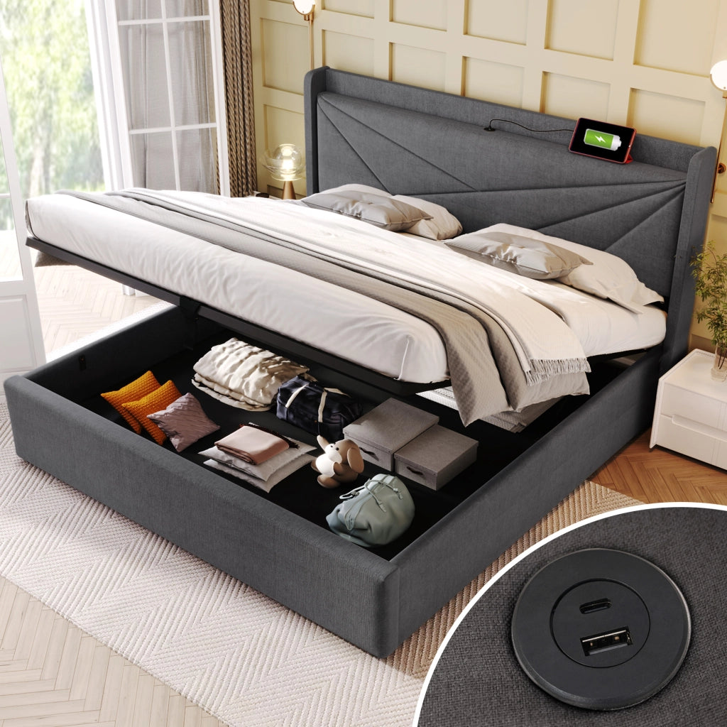 Letto matrimoniale 140x200 con contenitore grigio e prese USB