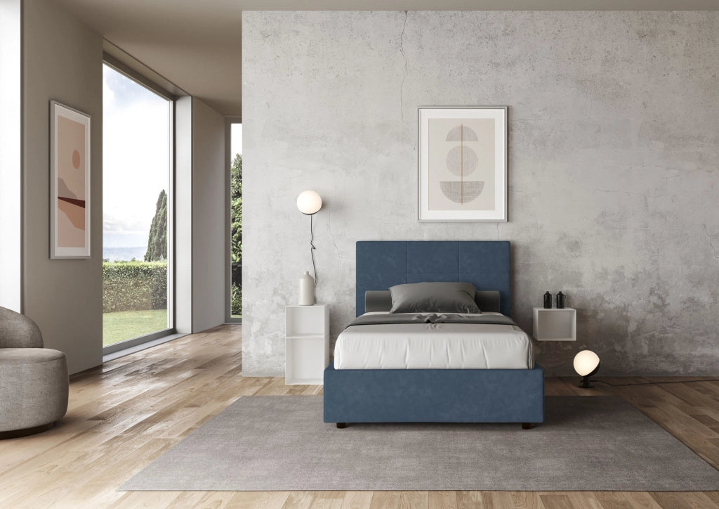 BS COM Letto una piazza e mezza contenitore imbottito 120x200 microfibra blu