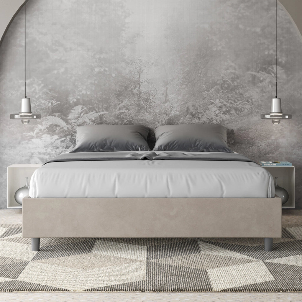 BS COM Letto queen size con rete imbottito 150x190 microfibra sabbia