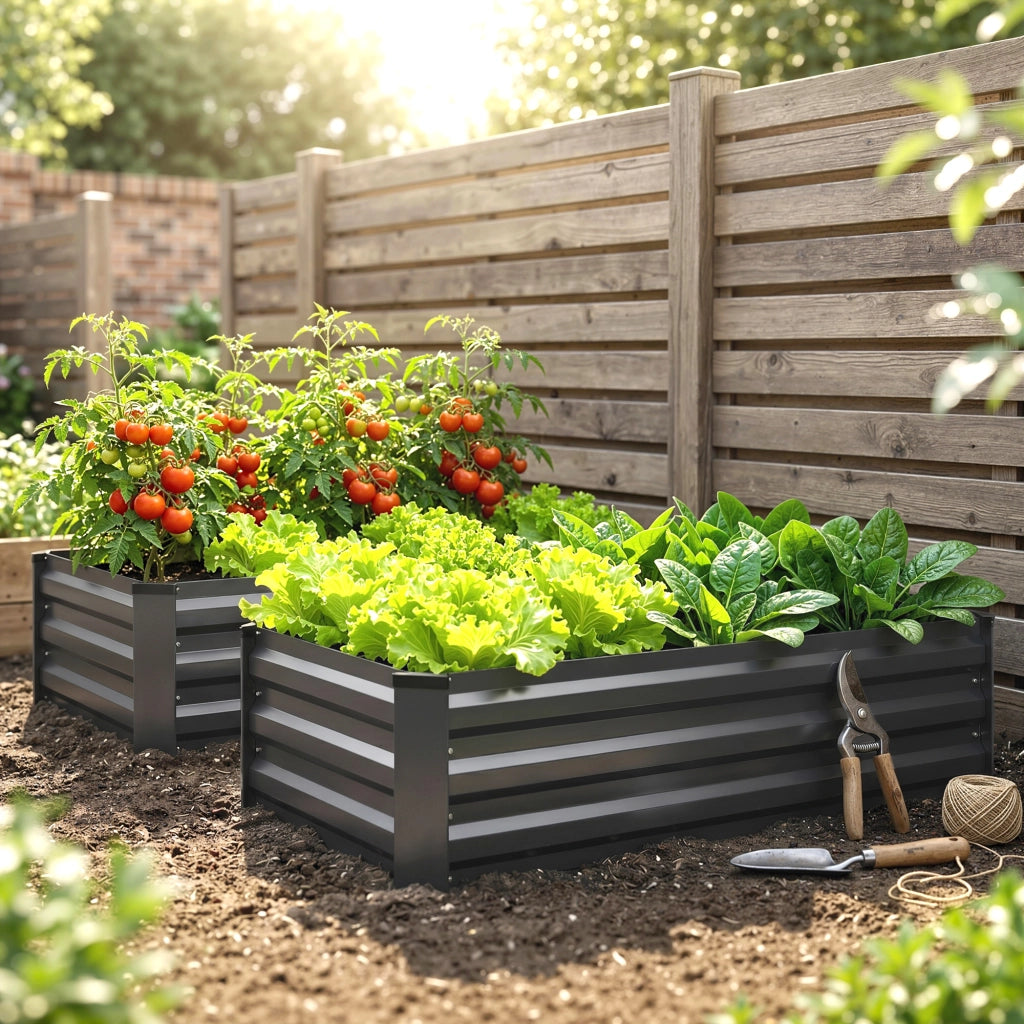 Set 2 Letti per Orto Rialzato in Acciaio Galvanizzato 100x60x30cm Fioriere Grigio con Fondo Aperto per Giardino