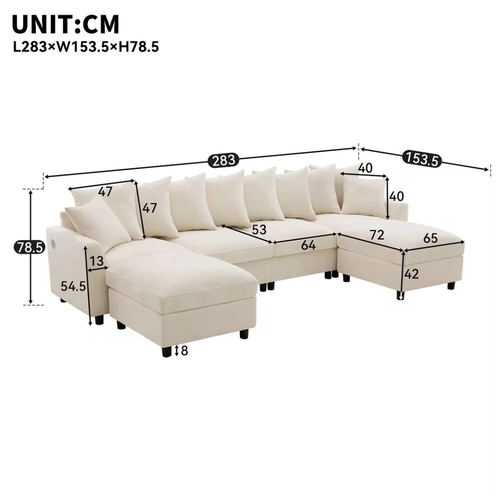 Divano modulare 6 posti a U o L con 2 pouf prese USB e Type-C 8 cuscini regolabili in ciniglia beige