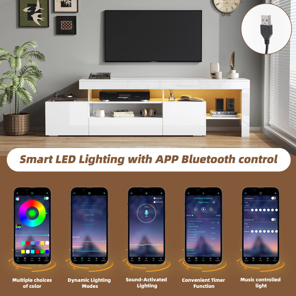 Mobile TV con 3 ante; vani aperti e LED; per soggiorno; 192 × 37 × 53 cm; in pannello truciolare; bianco