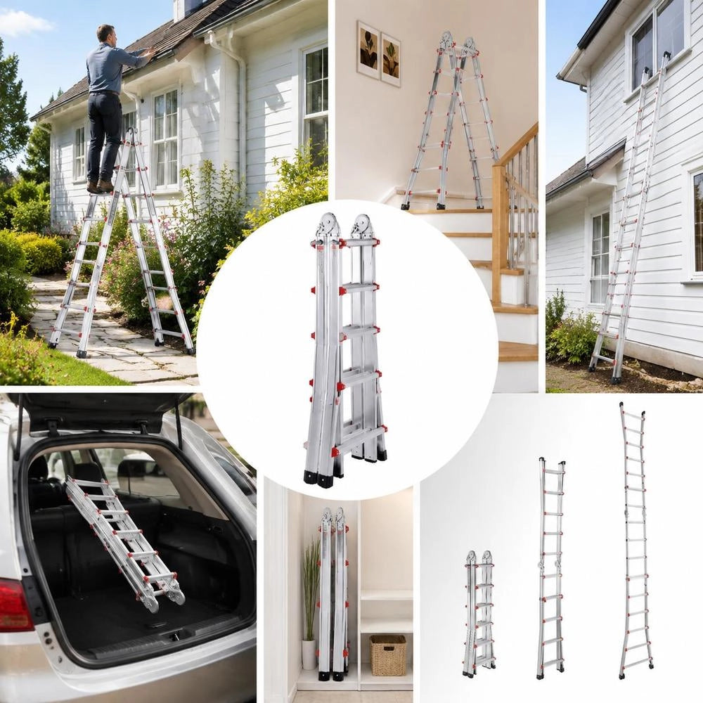 Telescopic Ladder With A-frame, 6230 Mm Compact Aluminum Extension Ladder, Multi-purpose Ladder, Step Ladder, Leaning Ladder, Folding Ladder For Homework, Stairs, Indoor And Outdoor Roofs, 150 Kg Load Capacity