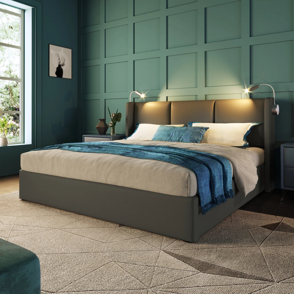 Letto matrimoniale 160x200 con materasso e contenitore grigio