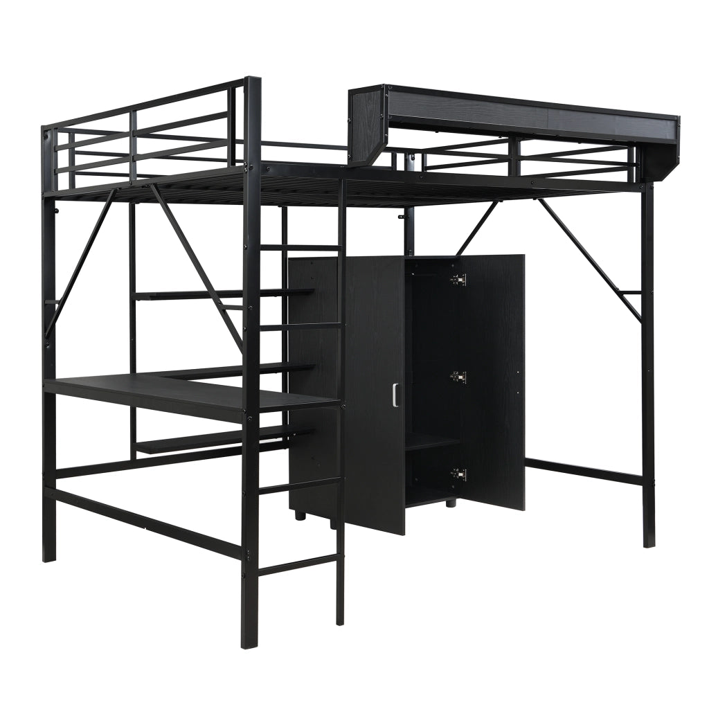 Letto a soppalco 140x200 cm in metallo nero con scrivania; armadio e ripiani
