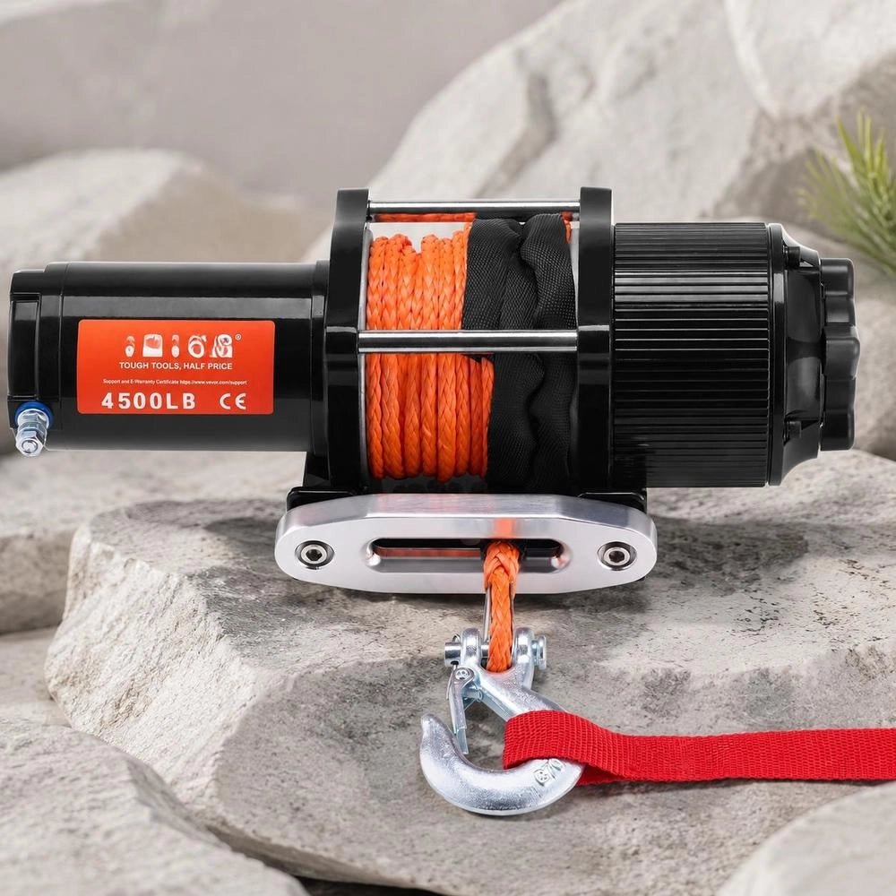 Electric Winch, 2048 Kg Pulling Force, 12 V DC For Off-road Vehicles/UTVs, With 12-strand Synthetic Rope (Φ1/4 Inch X 39 Feet), Aluminum Rope Guide, Remote Controls, IP55 Water Resistance