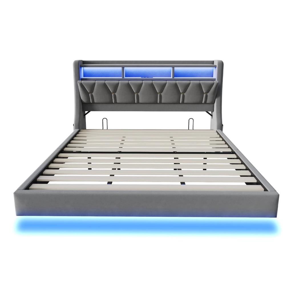 Letto imbottito 180x200 cm con testiera pieghevole, LED, USB e USB-C in velluto grigio
