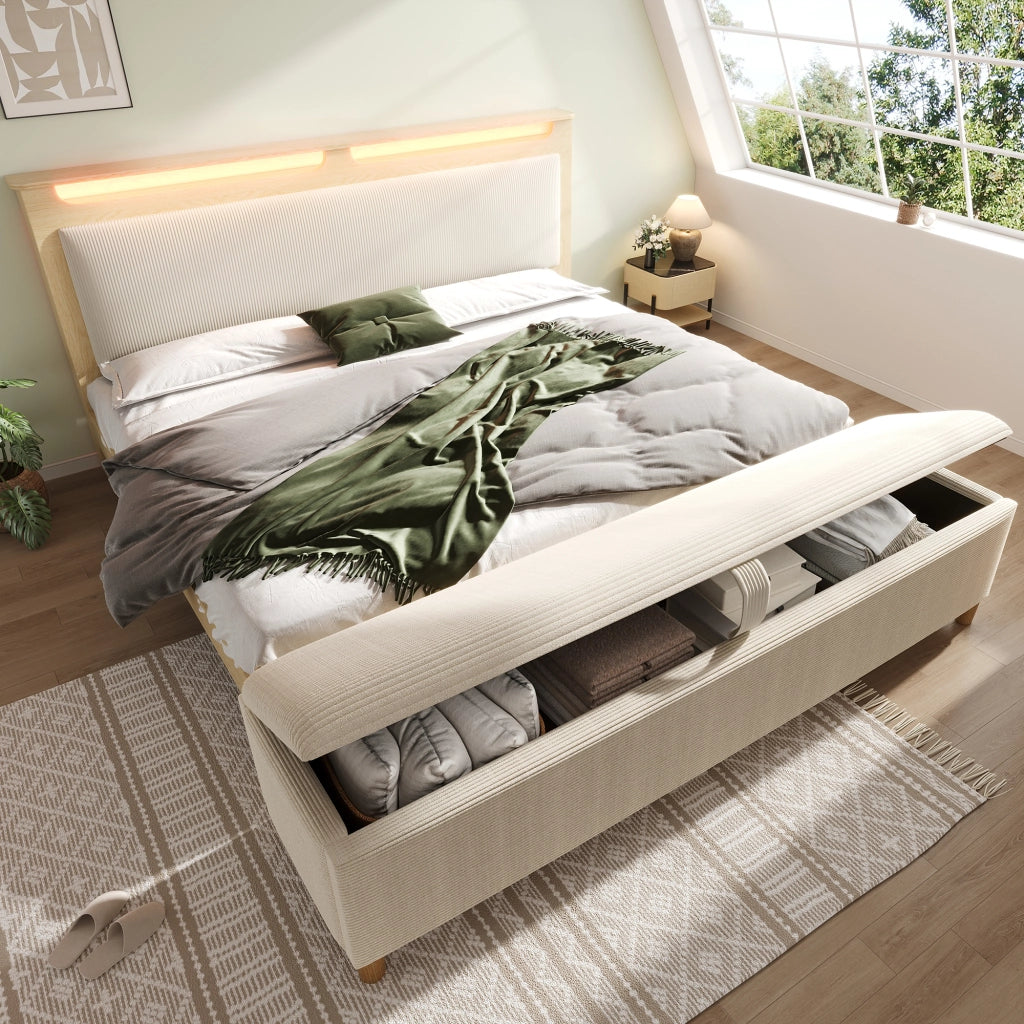 Letto matrimoniale 140 x 200 cm con illuminazione e panca contenitore