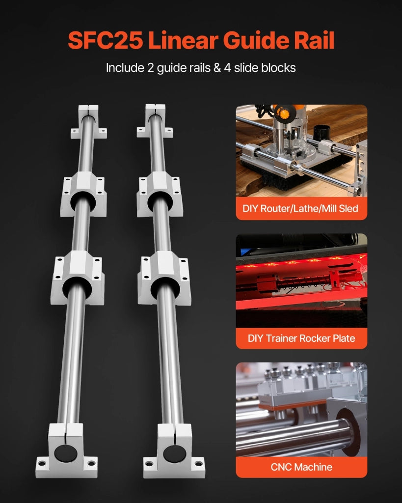 Kit 2 Guide Lineari SFC25 da 1000 mm e 4 Blocchi SC25 Diametro 25 mm in Acciaio e Alluminio per Fai da Te CNC e Officina