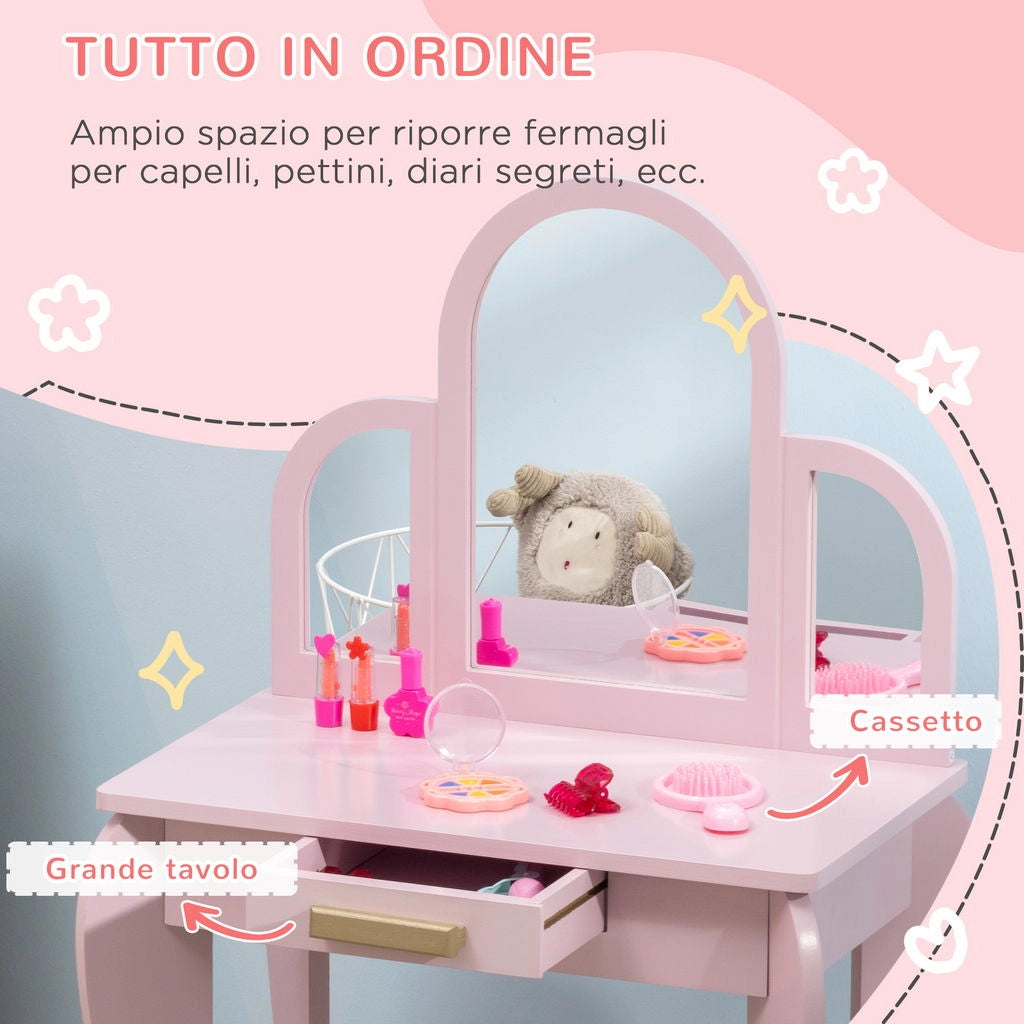TAVOLO PER TRUCCO BIMBA CON SGABELLO CASSETTI E SPECCHIO IN ACRILICO