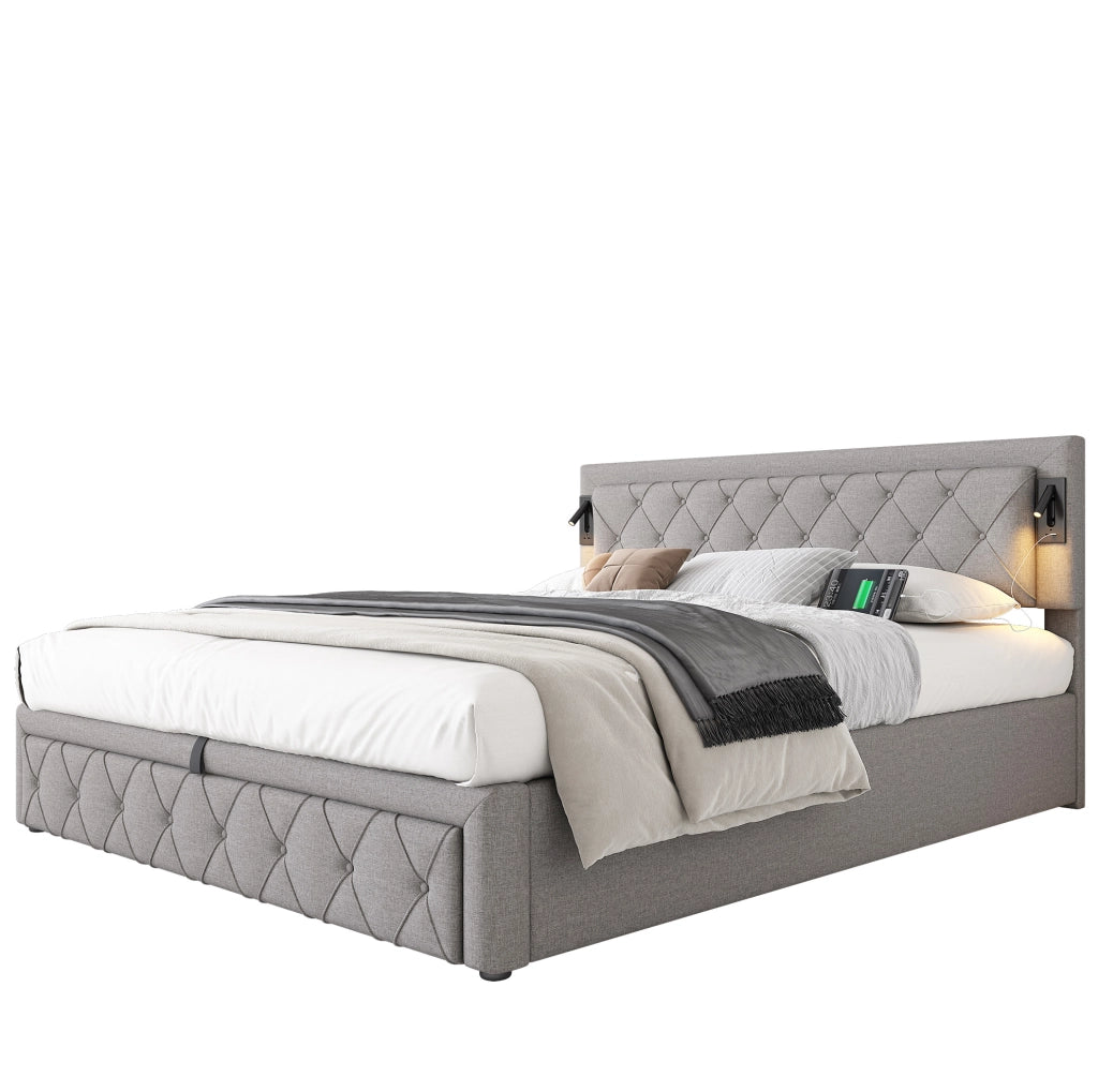 Letto imbottito contenitore idraulico con USB e downlight; lino grigio