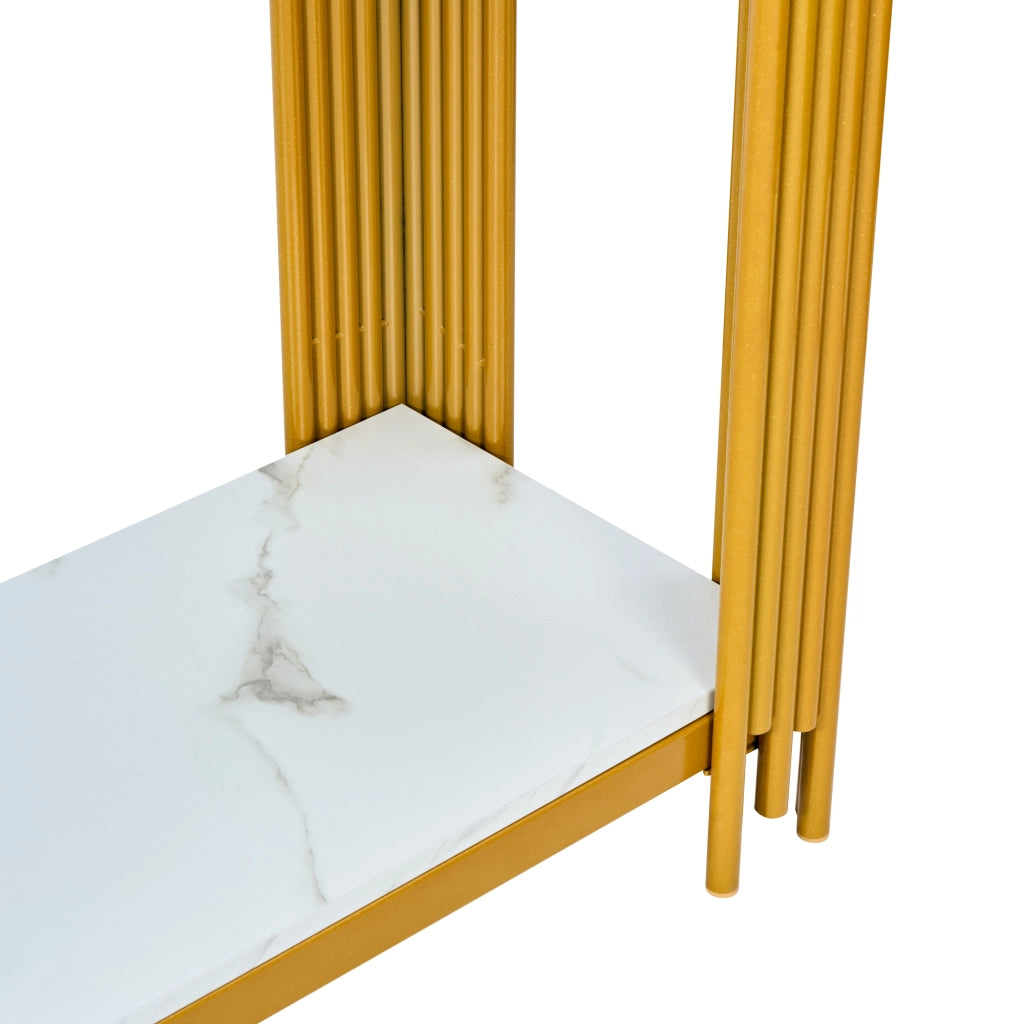 Tavolo consolle con 2 ripiani MDF e metallo oro e bianco
