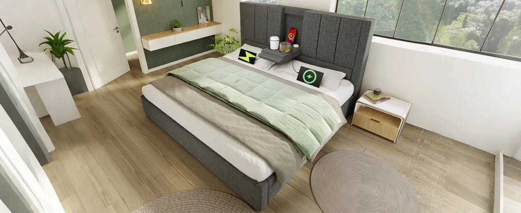 Letto imbottito 140x200 cm con portabevande nascosto e stazione di ricarica, letto idraulico con contenitore sotto, rete inclusa, lino grigio (senza materasso)