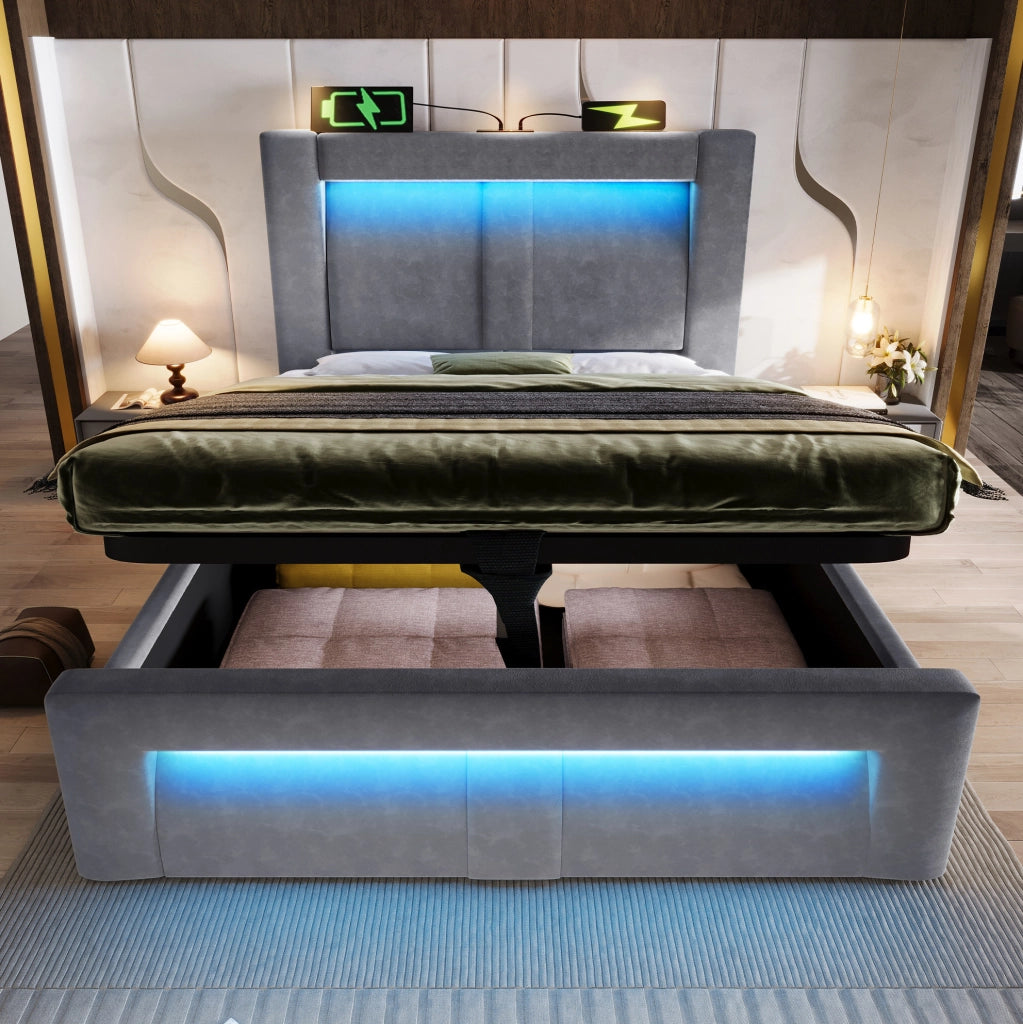 Letto singolo 90x200 cm con contenitore idraulico, LED e ricarica USB-C, grigio