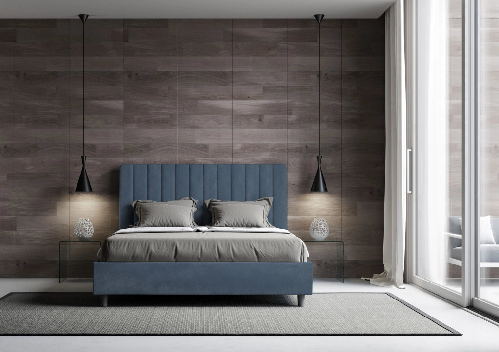 BS COM Letto queen size con rete imbottito 150x200 microfibra blu