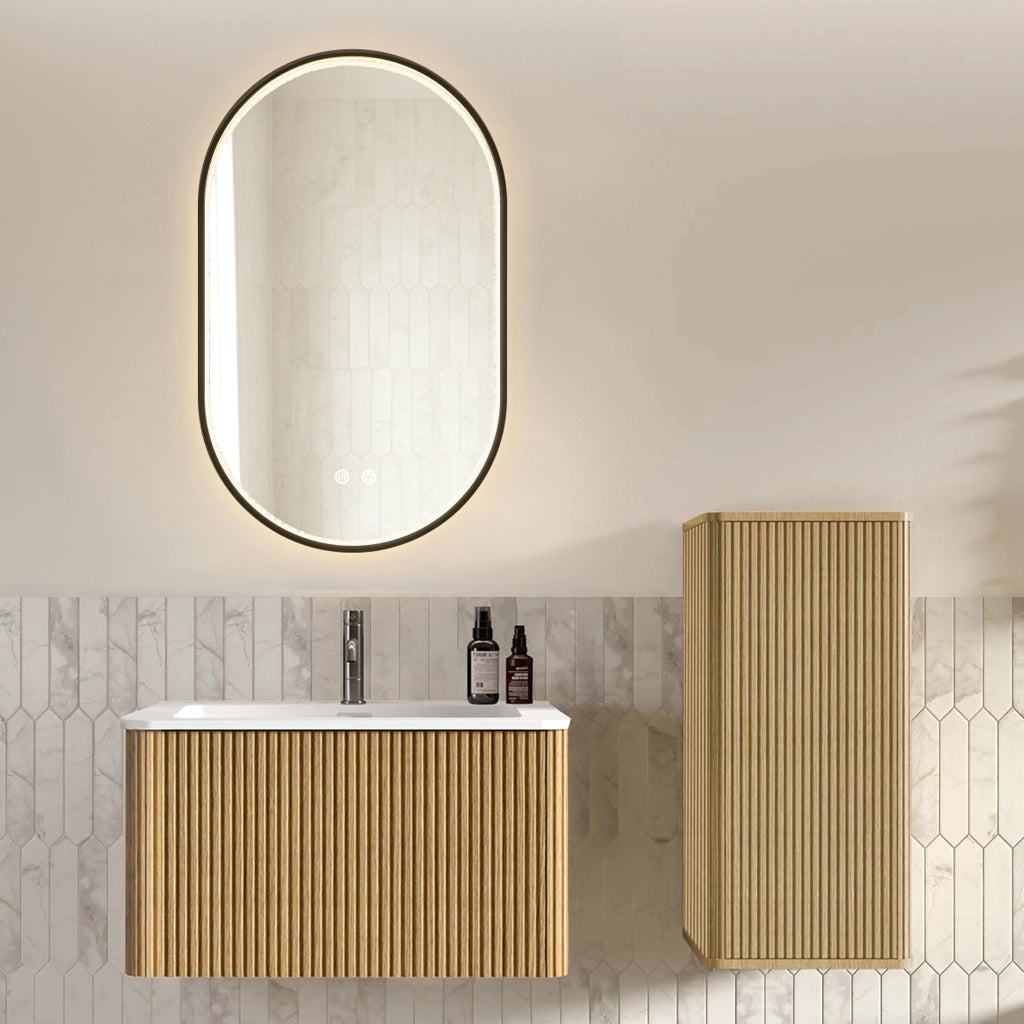 Set mobile bagno sospeso con lavabo, colonna laterale e specchio LED