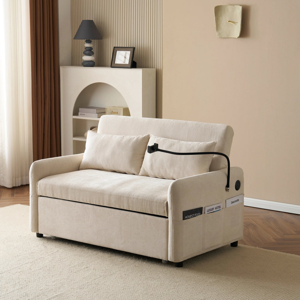 Divano letto a 2 posti in ciniglia beige; schienale regolabile; USB e porta telefono