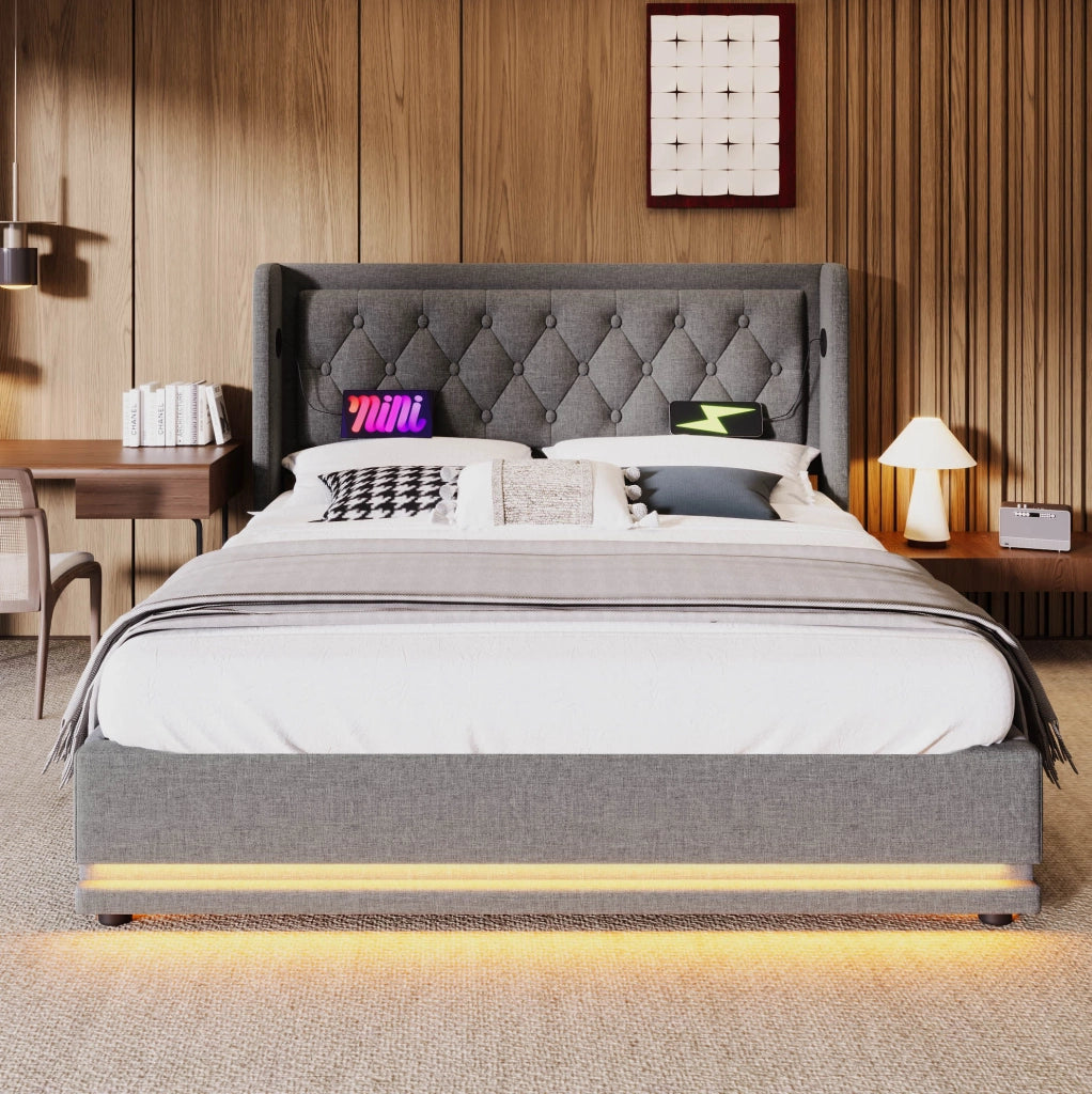 Letto contenitore 160 × 200 cm in cotone grigio con LED; USB e USB-C