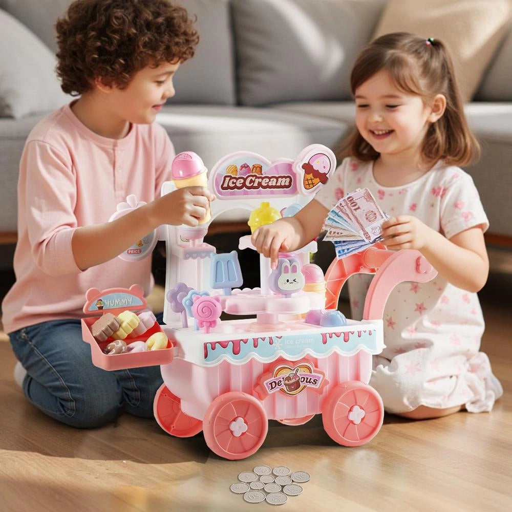 Carretto Gelati Bambini 27 Pezzi Accessori Negozio Giochi Carrello Soldi Finti Suoni Luci Educativi Rosa