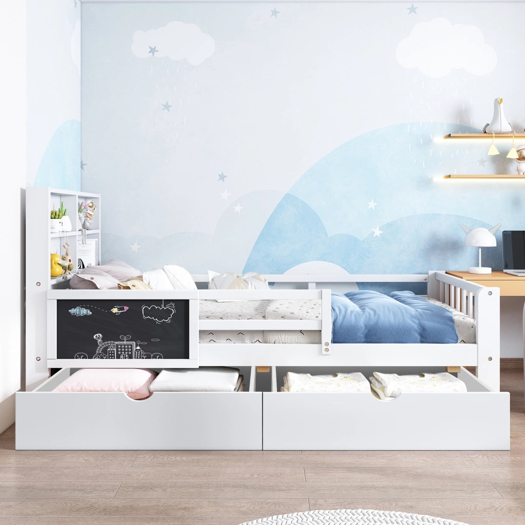 Letto per Bambini 90x200 cm con Lavagna; 2 Cassetti; Mensola e Sponda - Bianco