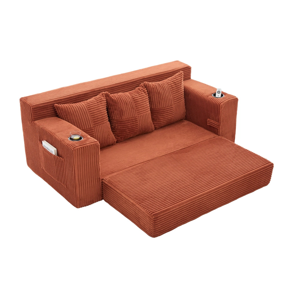 Divano modulare 172x87x64 cm trasformabile in cuscini separati in velluto a coste arancione