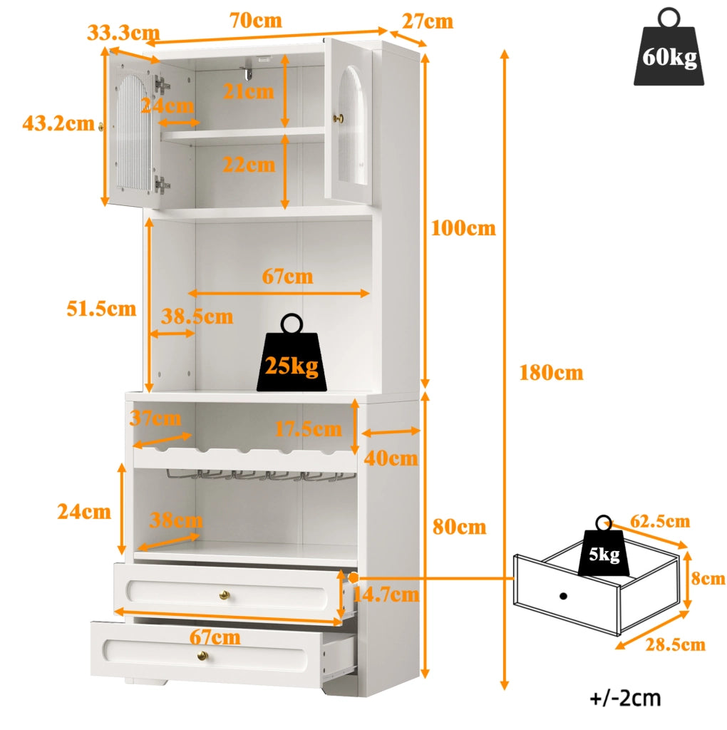 Mobile alto bianco con LED smart, portabottiglie e USB