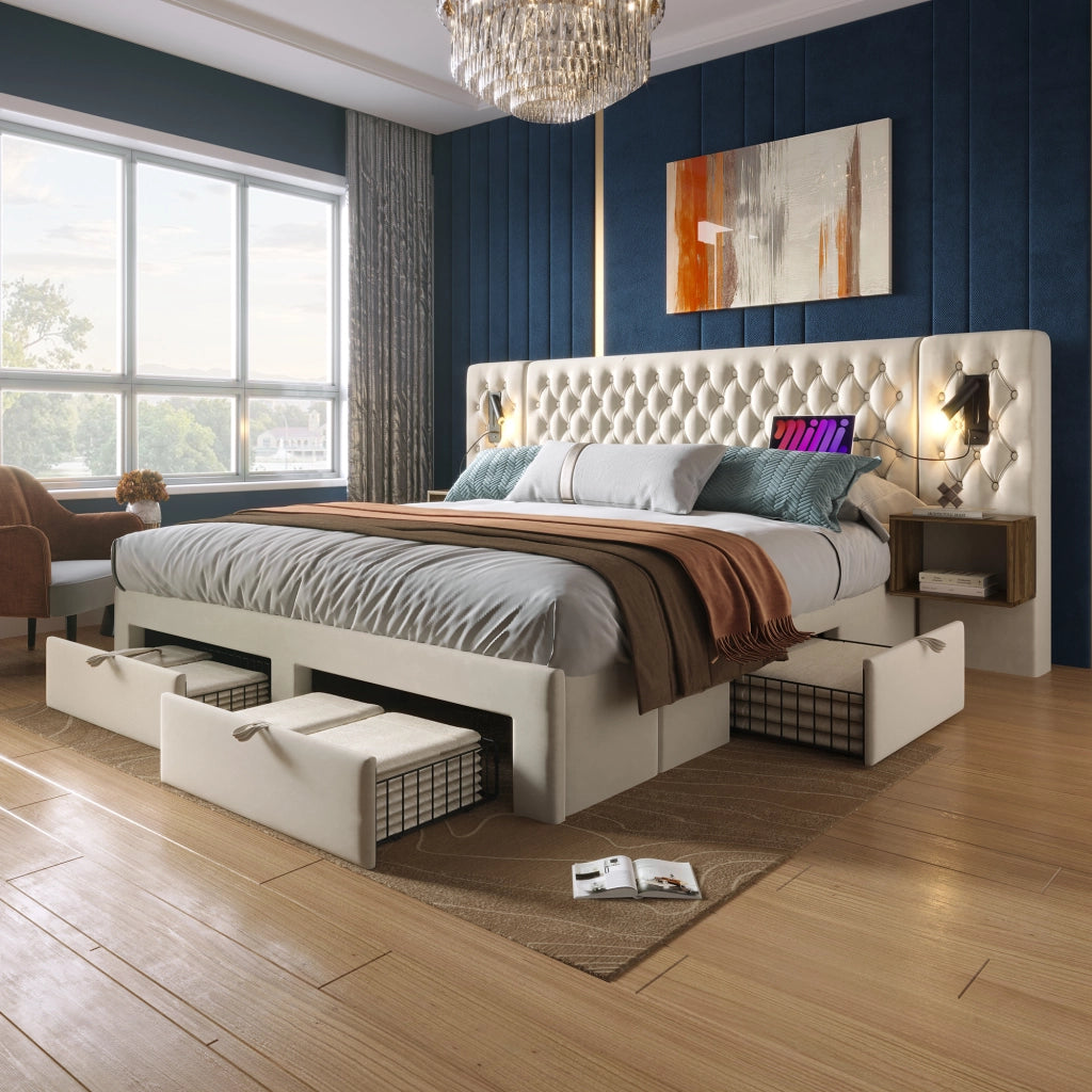 Camera da letto completa, letto imbottito 180x200 cm con 2 comodini e 4 cassetti, testiera - Beige, velluto, senza materasso