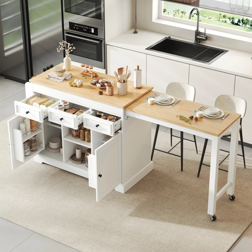Mobili da cucina, isola da cucina, tavolo da pranzo allungabile, con rotelle, 3 cassetti, finitura effetto legno, bianco e color legno naturale