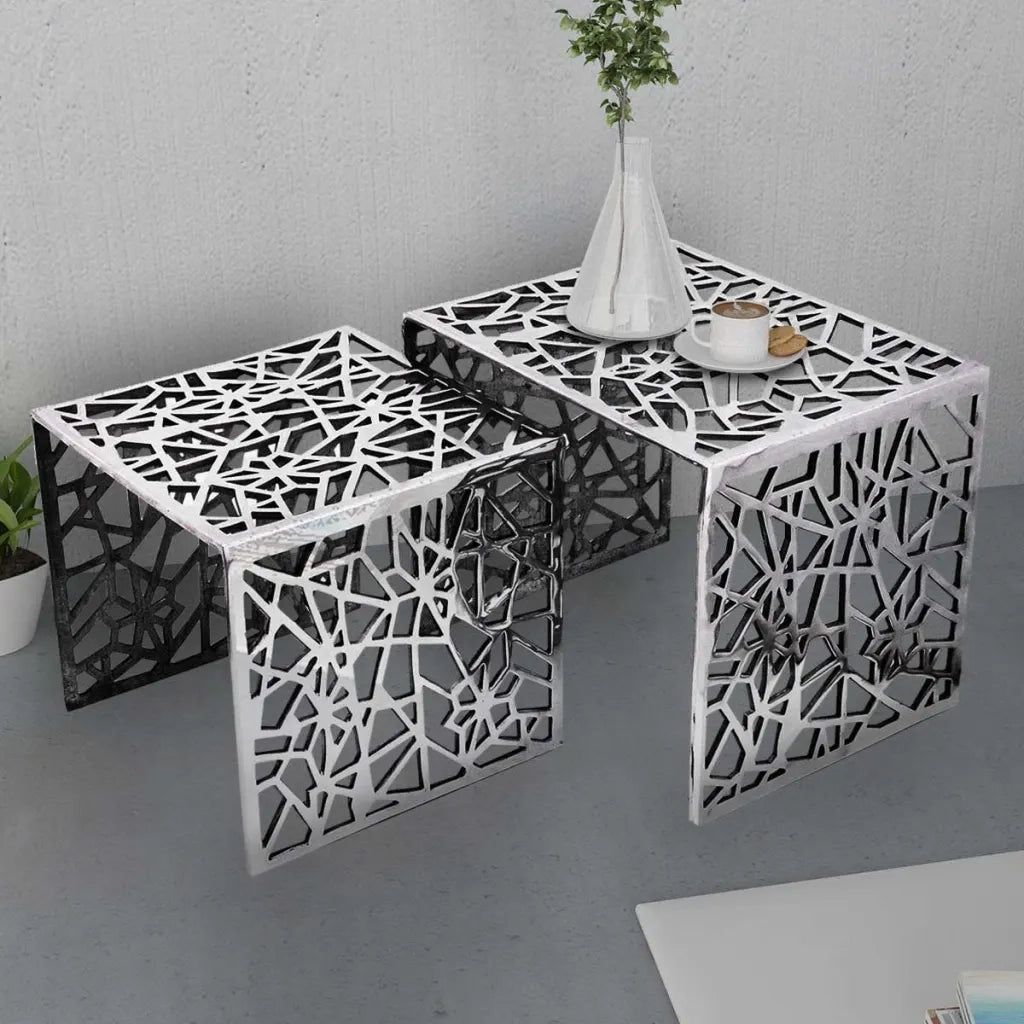 Set 2 Tavolini Quadrati Alluminio Argento