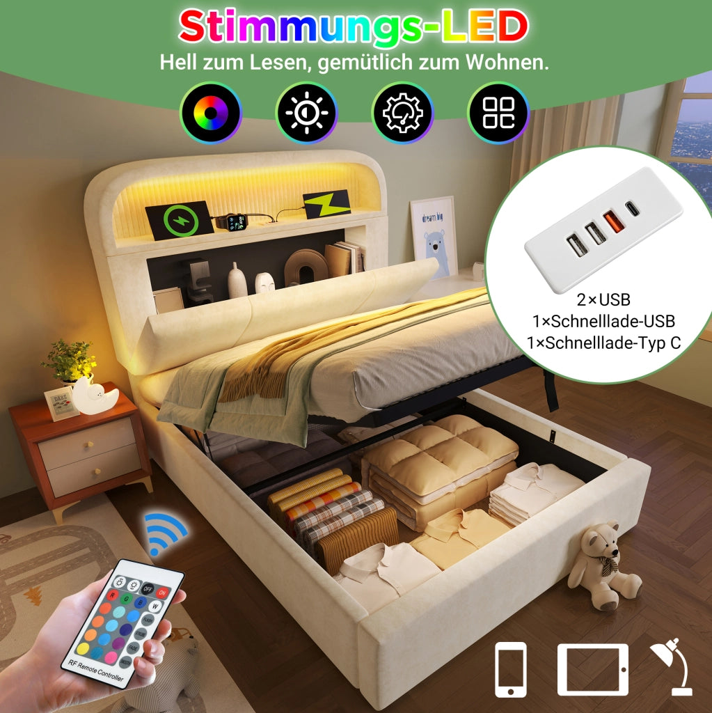Letto singolo contenitore 90x200 cm beige con LED, USB e materasso