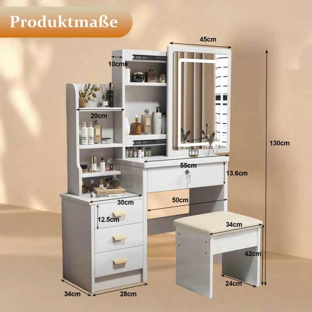 TOELETTA con specchio LED e sgabello, 4 cassetti, bianco