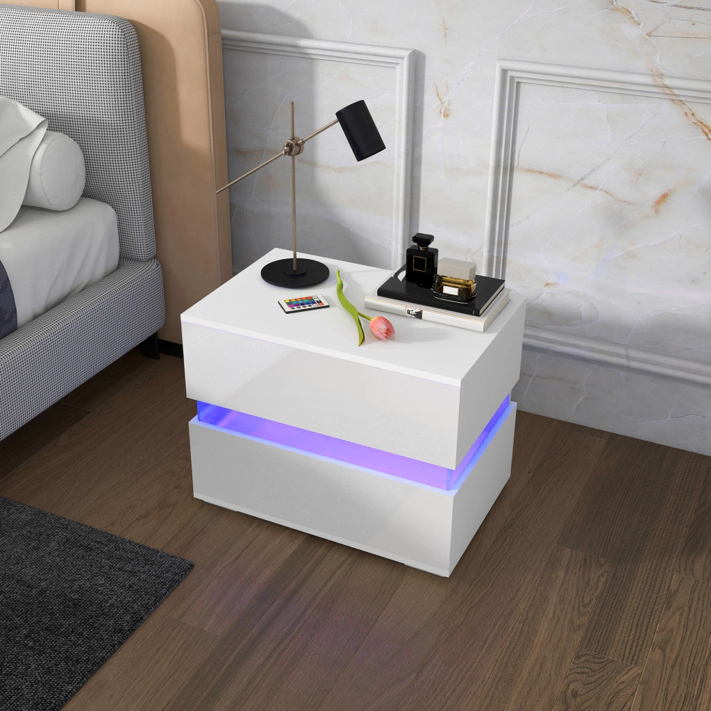 Comodino con luce LED e 2 cassetti ¨C Minimal ¨C Bianco 60x39x47