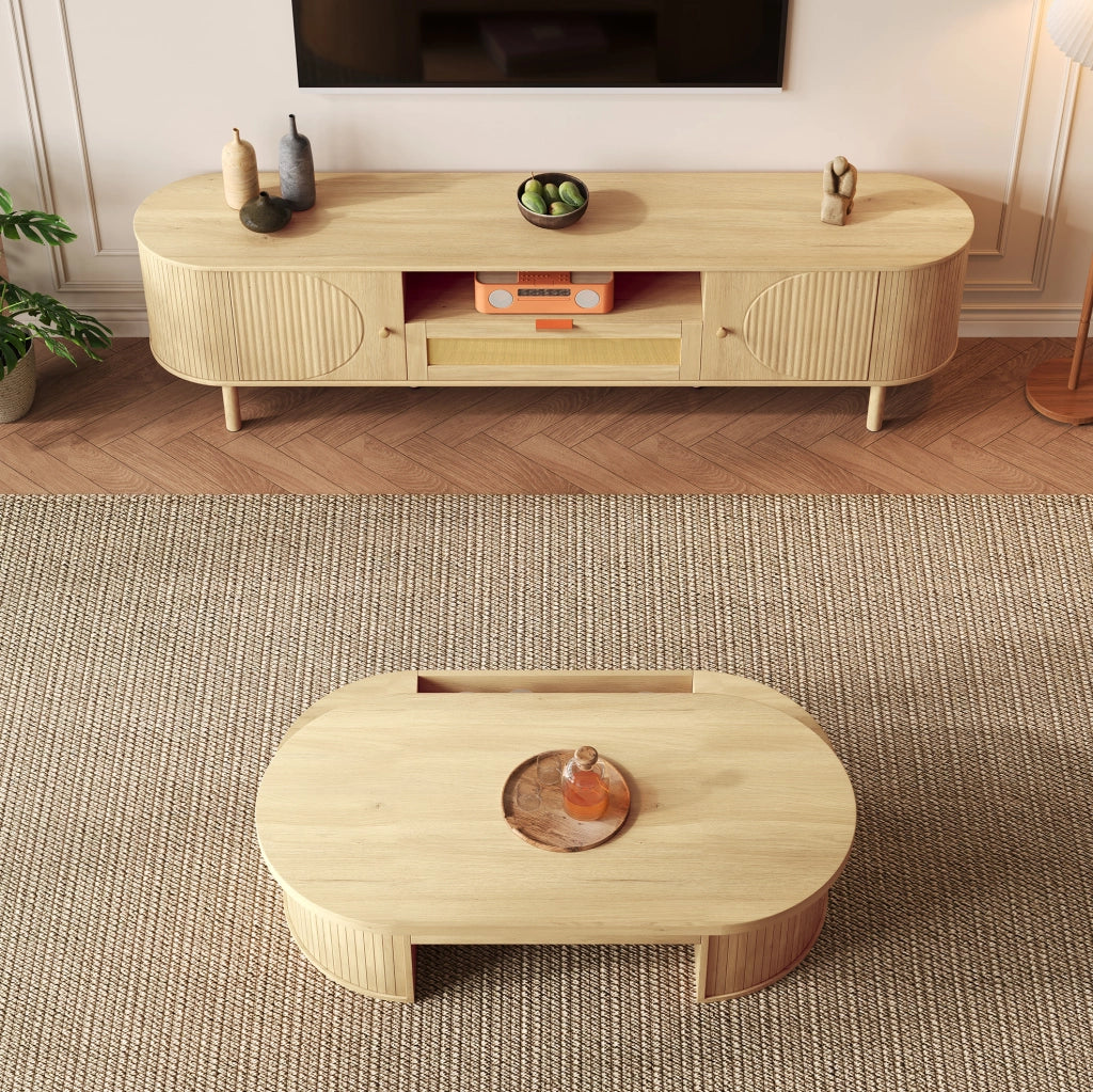 Set soggiorno con tavolino regolabile e mobile TV 175 cm in MDF effetto legno naturale