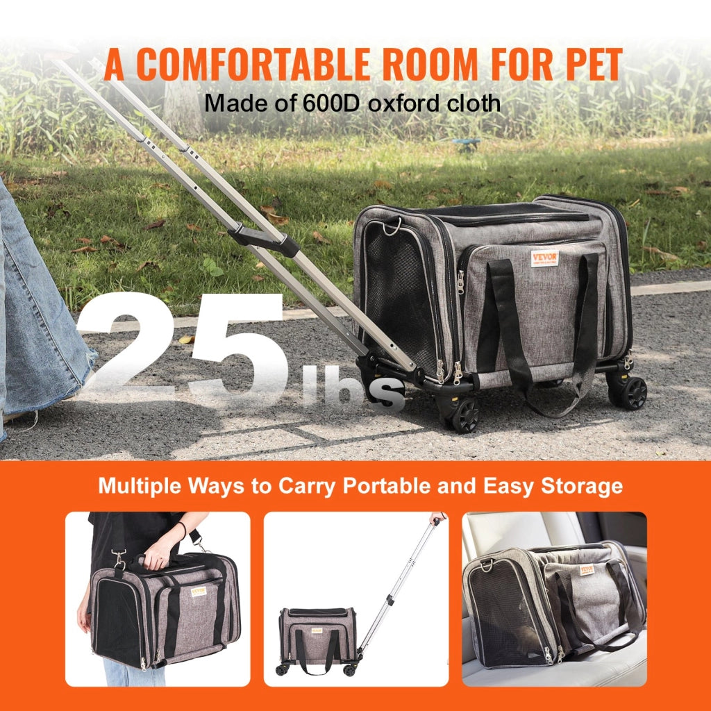 Trasportino Trolley per Cani e Gatti con Ruote Grigio in Tessuto Oxford 600D Borsa da Viaggio con Maniglia Telescopica Portata 11,3 kg