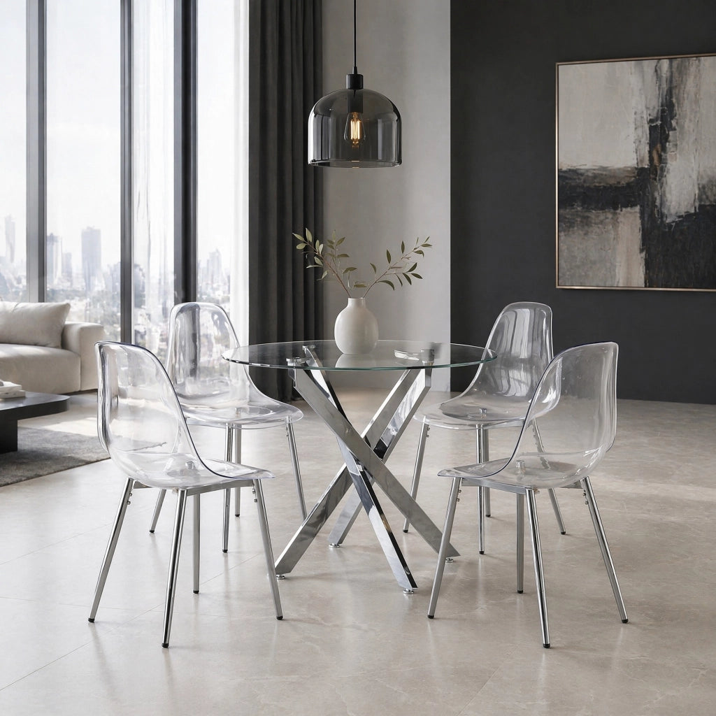 Set di 4 sedie da pranzo trasparenti in ABS con gambe in metallo color argento per sala da pranzo e ufficio