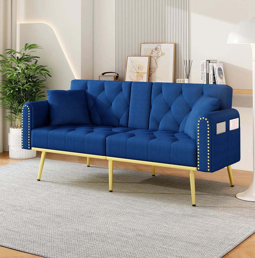 Divano letto multifunzionale in velluto blu con schienale regolabile e portabicchieri