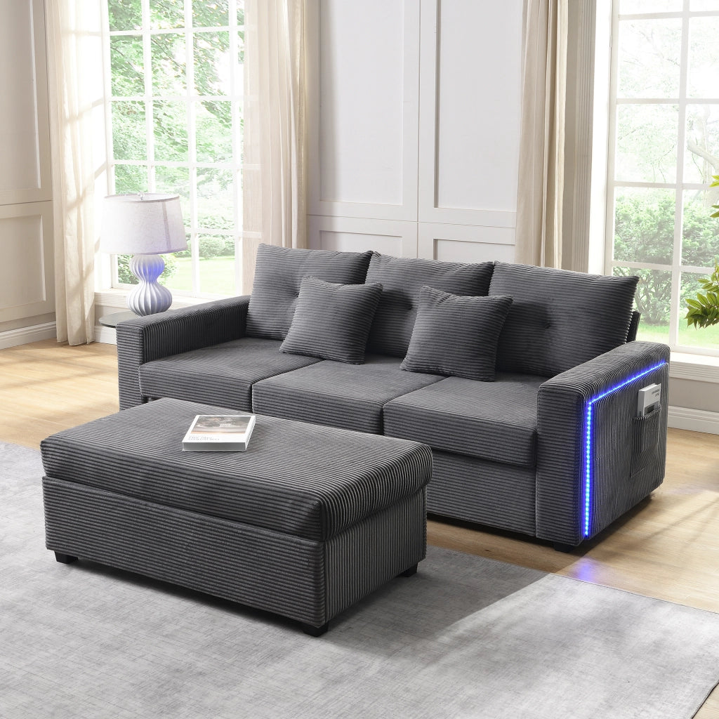 Divano 3 posti con pouf e 5 cuscini; divano angolare a L con luci LED; velluto a coste; grigio antico; 184 cm