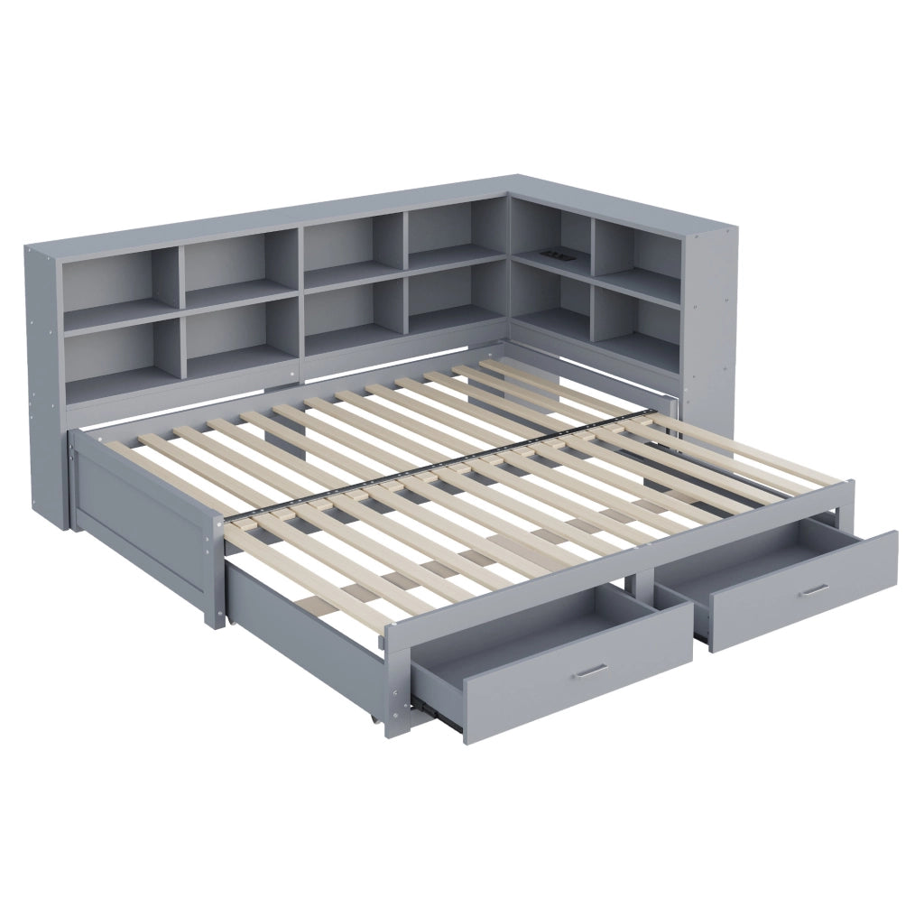 Letto estraibile in legno massiccio 90/180 x 190 cm con spazio contenitivo, presa elettrica multifunzione e cassetti, colore grigio
